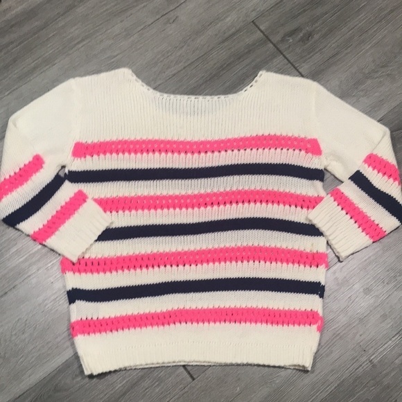 POL Crop Neon Pink & Navy Blue Stripe Sweater - Picture 9 of 10